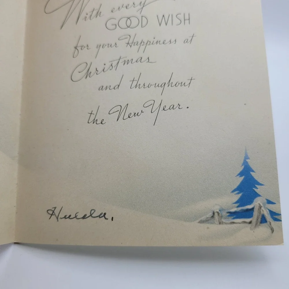 Vintage Merry Christmas Card, Glitter Trees‎ Cottage USA Made Religious Verse